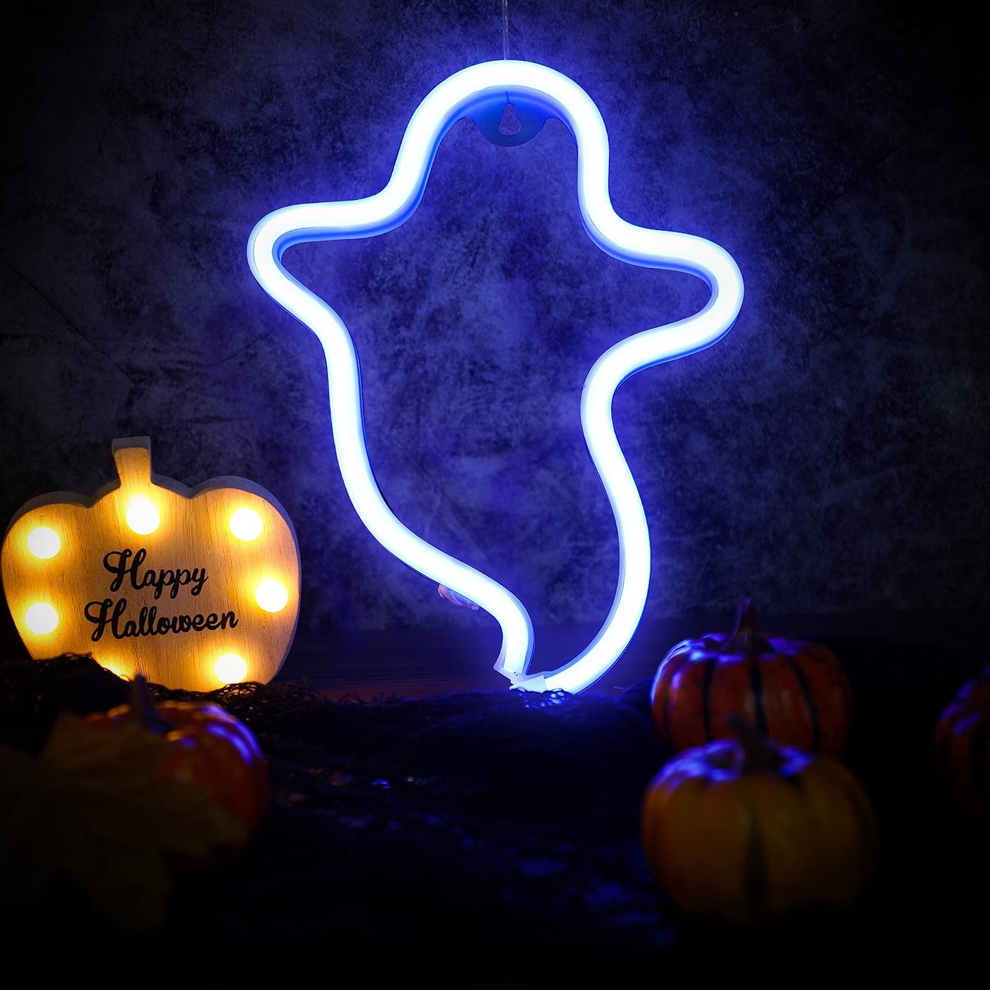 Neon Ghost Sign LED Neon Light Halloween Decoration Ghost Indoor Night Light with Battery or USB Power for Bedroom Birthday Party Wedding Blue