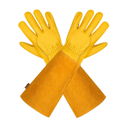Leather Gauntlet Gardening Gloves for Women and Men, Breathable Rose Pruning Gloves with Thorn Proof Gauntlet, Long Durable Cowhide Sleeves Garden Gloves Work for Gardener and Farmer(M,Yellow)