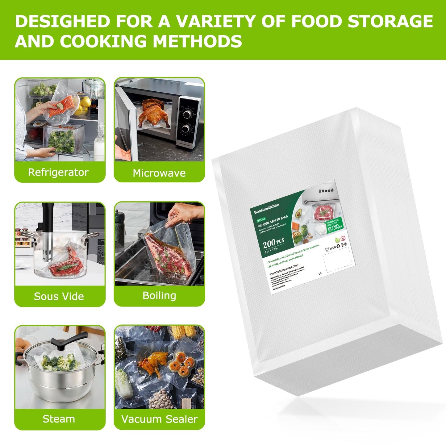 Bonsenkitchen Precut Vacuum Sealer Bags 200 Quart 8" x 12", BPA Free, Commercial Grade Textured Food Vacuum Sealer Bag, Thick Embossed Bags for Storage and Sous Vide Cooking VB3208