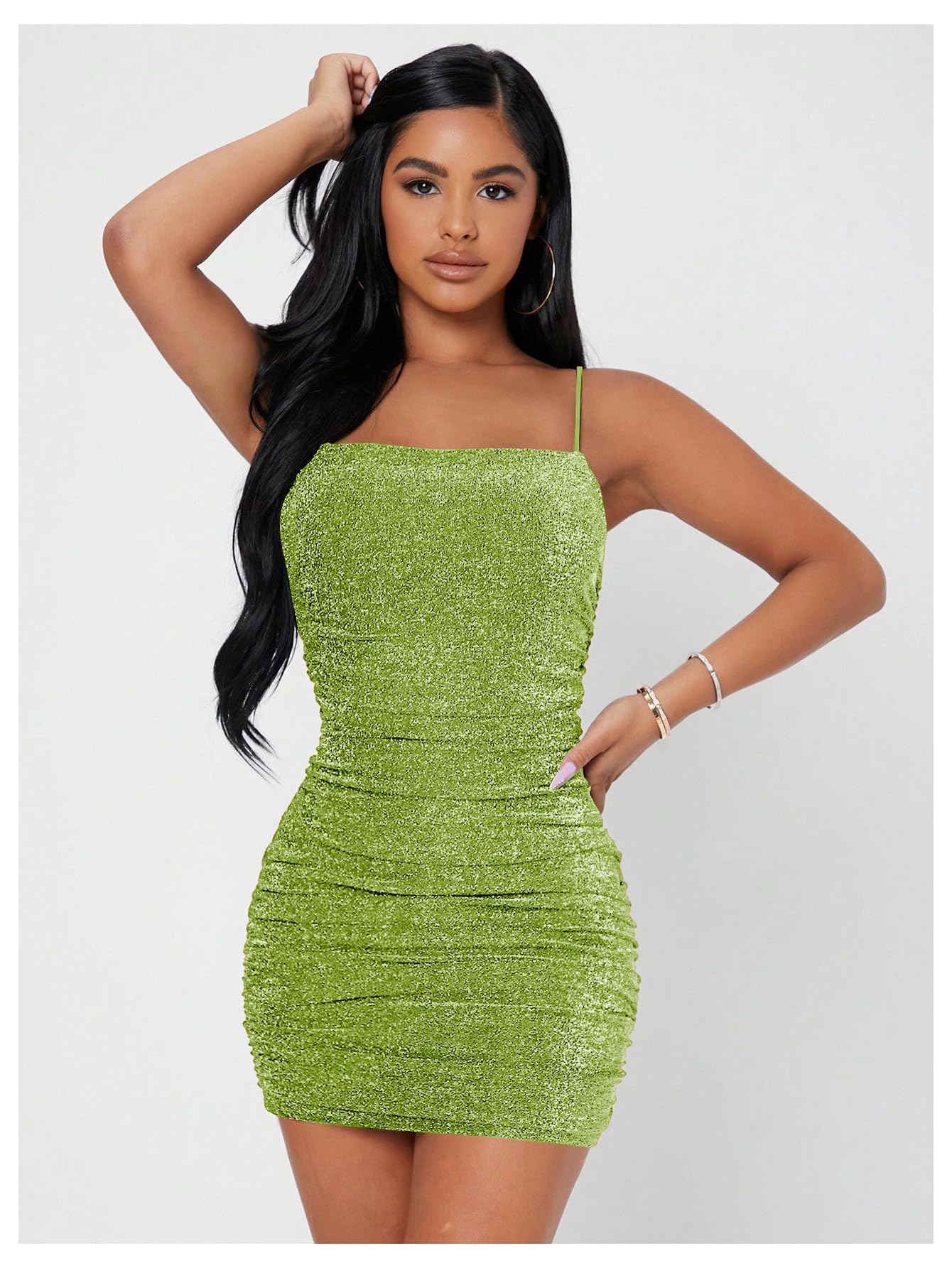 Floerns Women's Glitter Sleeveless Ruched Party Clubwear Bodycon Mini Dress Light Green Small