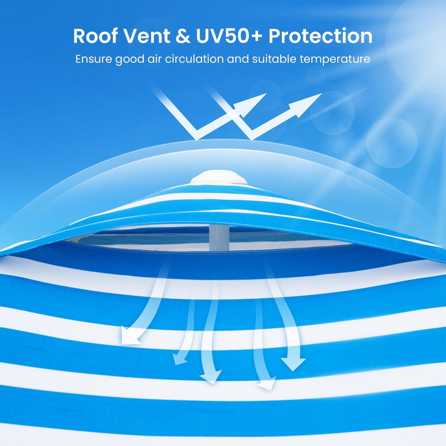 Grandekor Upgraded 6'×6' Pop Up Beach Canopy Tent for Family & Kids UPF 50+ Sun Shelter for Pool Camping with Sand Anchor Sidewall Bold Blue White Stripe