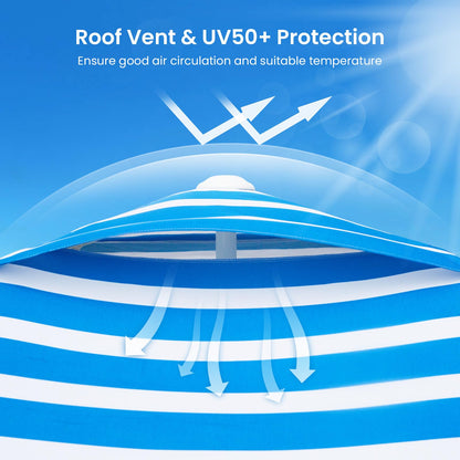 Grandekor Upgraded 6'×6' Pop Up Beach Canopy Tent for Family & Kids UPF 50+ Sun Shelter for Pool Camping with Sand Anchor Sidewall Bold Blue White Stripe