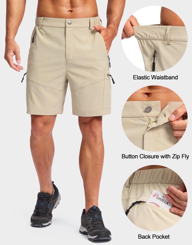 Pudolla Men's Hiking Cargo Shorts Lightweight 7" Travel Casual Shorts for Men Golf Work Outdoor with 5 Zipper Pockets(Khaki Medium)