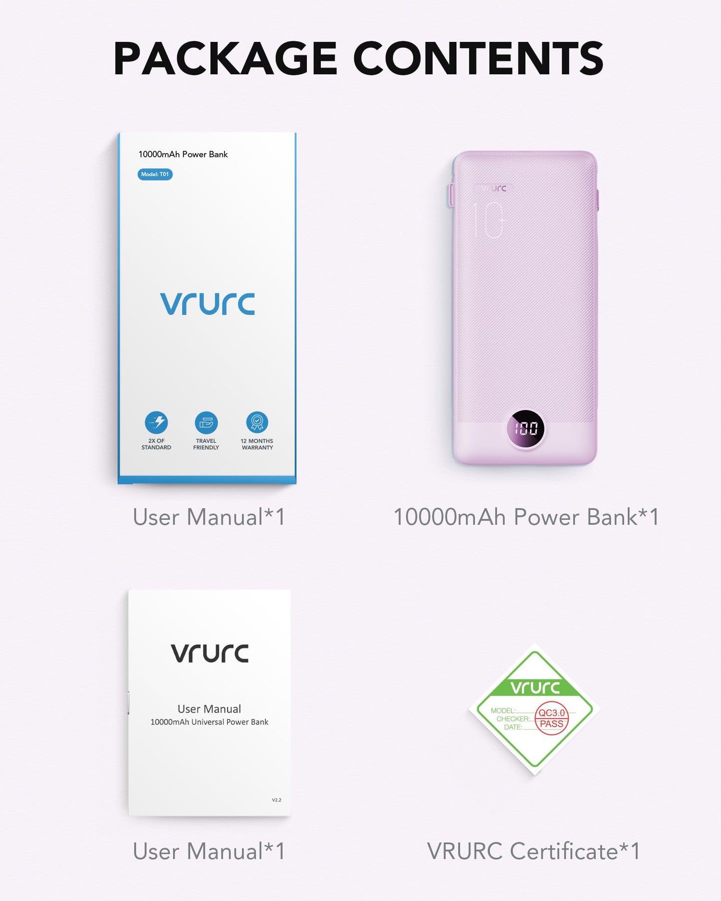 VRURC Portable Charger Built-in Cables and AC Wall Plug, USB C Power Bank 10000mAh, Travel Essentials Phone Charger Compact Lightweight External Battery Pack for Smart Phones, Tablets etc-Pink