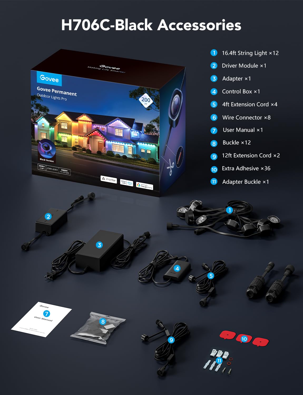 Govee Permanent Outdoor Lights Pro, 200ft with 120 RGBIC LED Lights for Daily and Accent Lighting, 75 Scene Modes for Outdoor Decor, IP67 Waterproof, Works with Alexa, Google Assistant, Matter, Black