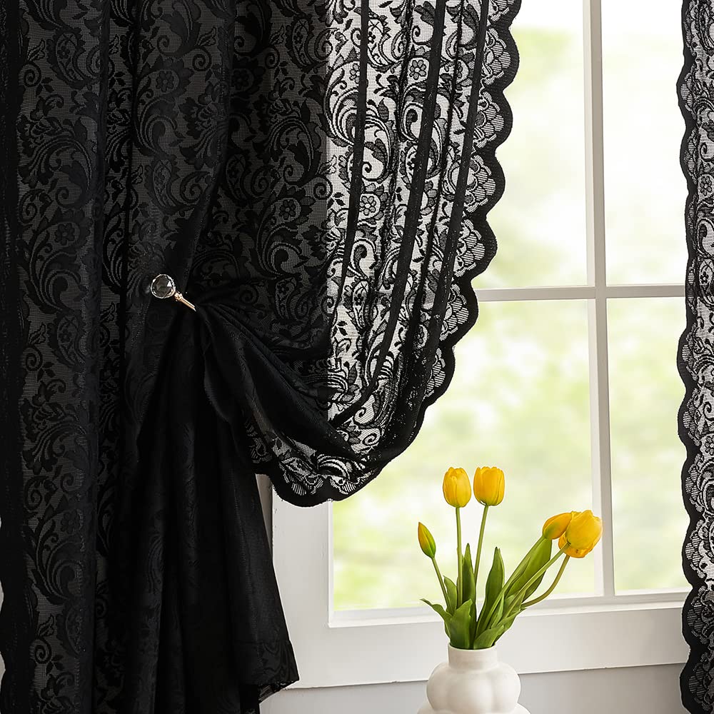 ALIGOGO Black Lace Halloween Curtains for Living Room Luxury Gothic Sheer Curtains 84 inches Long Boho Doorway Curtains Witchy/Goth Room Decor 52 x 84 Inch Black