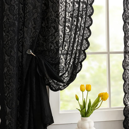 ALIGOGO Black Lace Halloween Curtains for Living Room Luxury Gothic Sheer Curtains 84 inches Long Boho Doorway Curtains Witchy/Goth Room Decor 52 x 84 Inch Black