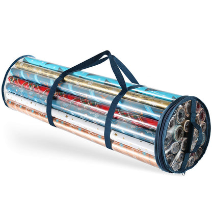 Hearth & Harbor Wrapping Paper Storage Container - Clear Wrapping Paper Holder Fits Up To 14 Rolls of 40" - Tear Proof Gift Wrap Organizer - Premium Bag for Easy Carrying, Blue