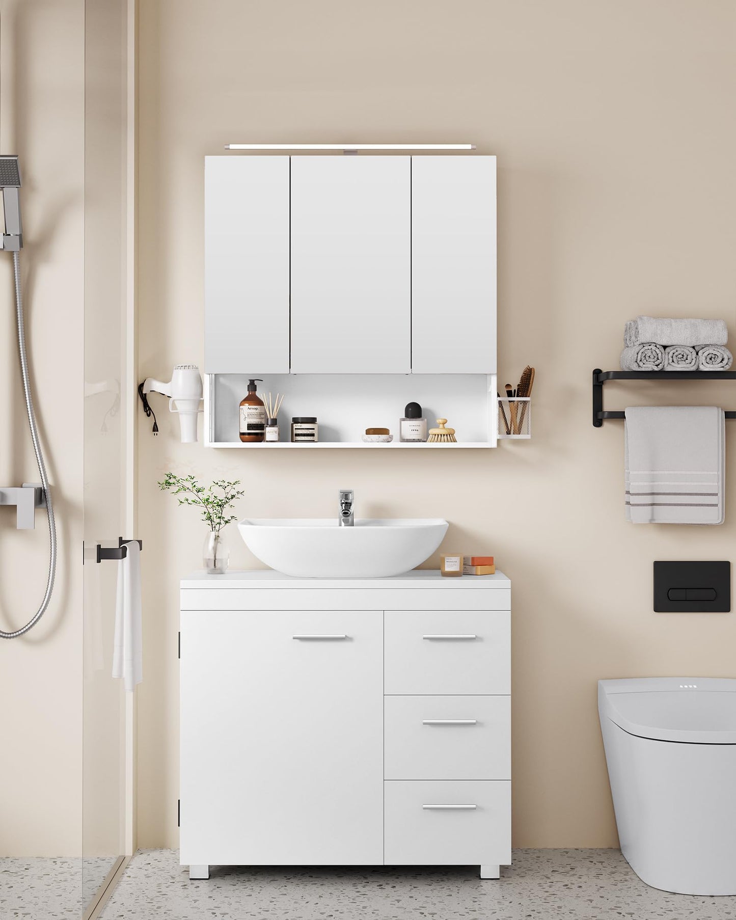 VASAGLE Under Sink Bathroom Cabinet, Storage Cabinet, with 3 Drawers, 2 Compartments Behind the Door, for Washbasins with Pedestal, with Feet, 30 x 70 x 64 cm, Cloud White BBK504W01