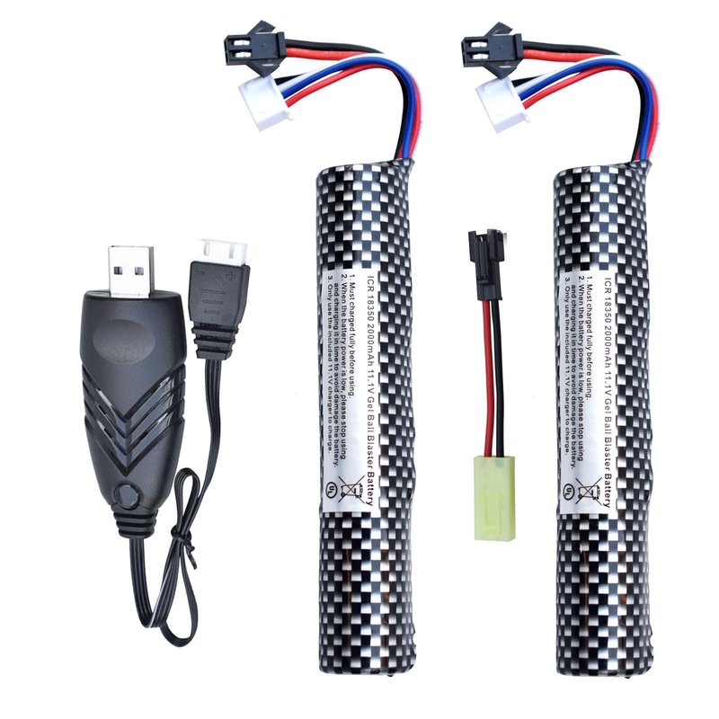 PTIJPOW Airsoft Gel Blaster Battery-11.1V 2000mAh Gel Blaster Battery with USB Charger,Rechargeable Water Bead Splatter Ball Batteries with Mini Tamiya to SM2P Charger Cable (2Pack)