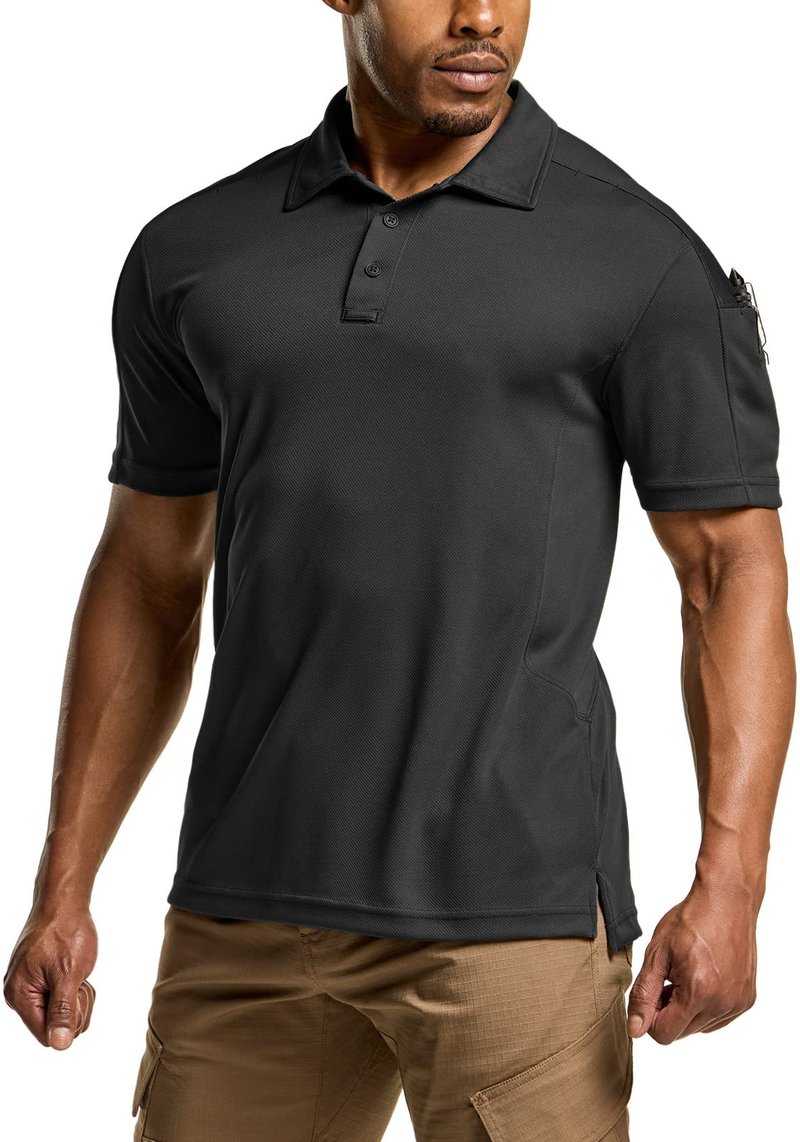 CQR Men's Quick Dry Tactical Polo Shirt, Lightweight Breathable Performance Polo, Short Sleeve UPF 50+ Outdoor Golf Shirt, Frost Pro Black, Large