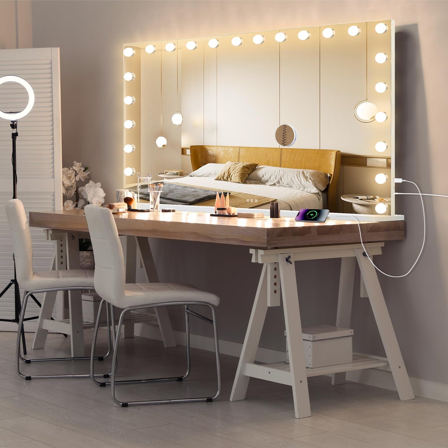 Hollywood Vanity Mirror with Lights, 15 Dimmable Bulbs, 3 Color Lights,Make Up Lighted Mirror, Aluminum Metal Frame, USB Charging Port（23" x 18"）