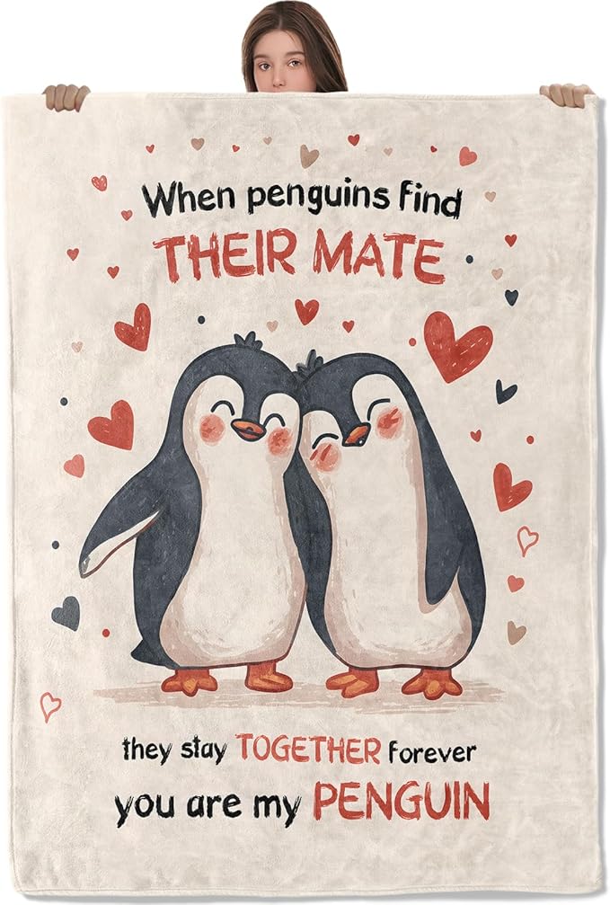 Cute Penguin Couple Lightweight Throw Blanket, Adorable Cartoon Animal with Heart, Warm Soft Cozy Flannel Blankets, Couch Dorm Home Decor All Season Use, 50x40in, Beige, Gifts for Friends