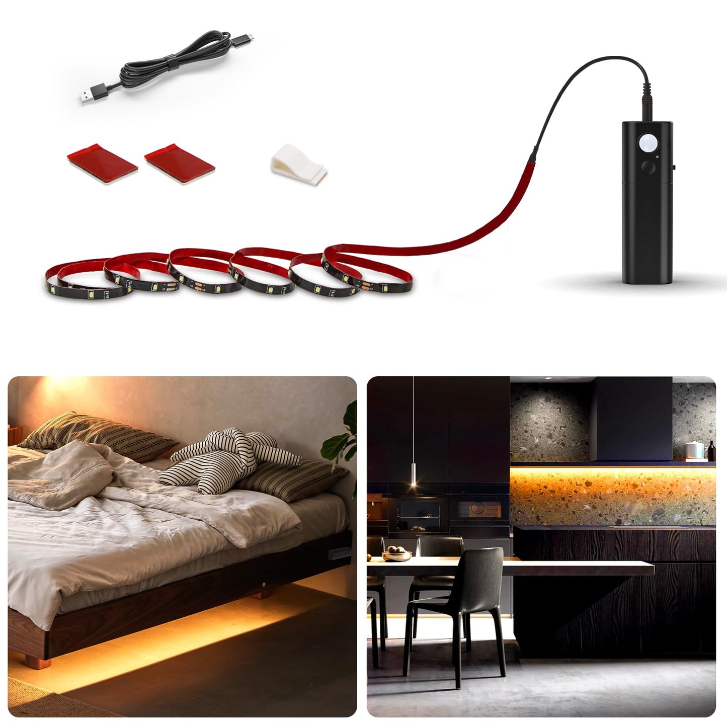 WOBANE - Motion Activated LED Strip Light, Rechargeable Magnetic Battery Box with 6.5ft LED Strip, Homelife 60 LED Sensor Bar Lights for Closet, Stair, Pantry, Countertop, Closet, Bed, Door, Warm