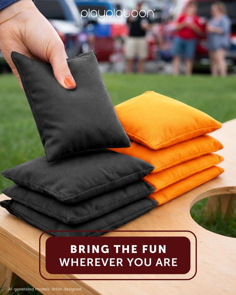 Play Platoon Weather Resistant Cornhole Bags - Set of 8 Regulation Corn Hole - Orange & Black - Durable Duck Cloth for Tossing Game, Includes Tote Bag