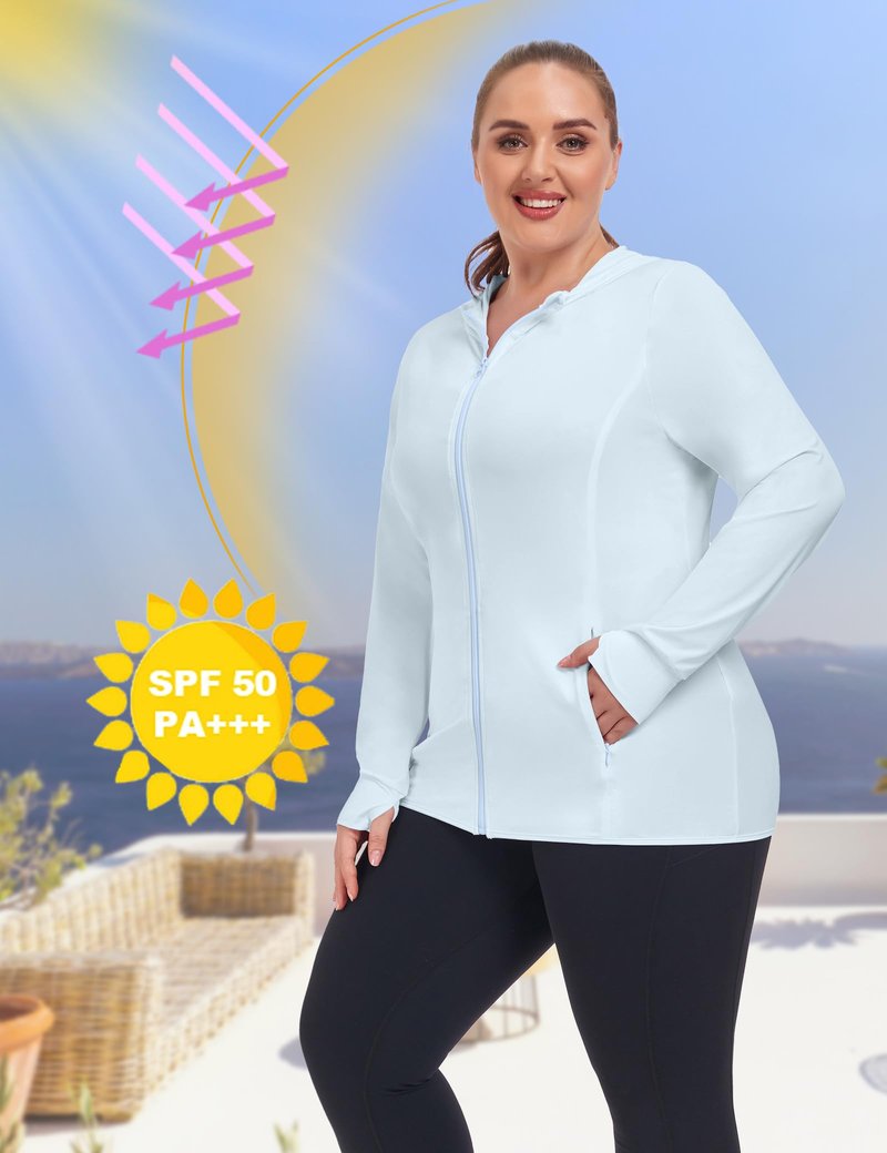 COOTRY Women's Plus Size UPF 50+ Sun Protection Jacket Lightweight Long Sleeve Zip Up Hoodie Cooling Sun Shirt Hiking Workout Light Blue 3XL