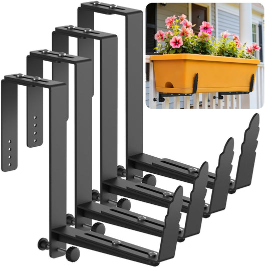Window Box Brackets, Adjustable Planter Box Brackets, Heavy Duty Iron Flower Box Bracket for Deck Railing with Upgraded Bottom Support - Ideal for Balconies, Fences, and Gardens (4 Pack)