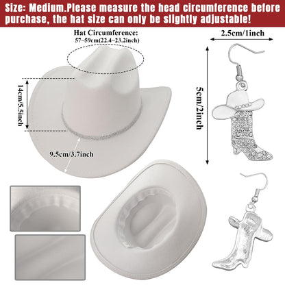 Aswitnove Cowboy Hat Rhinestone Cowgirl Boots Earrings Set Western Earrings Felt Fedora Jazz Hat Rodeo Outfit for Women Boots White