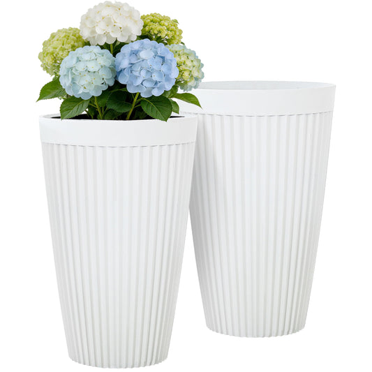 Autodaya 20" Tall Planters Set of 2, High-Density Resin Fluted Outdoor Pots for Plants, Versatile Indoor/Outdoor Flower Pots w/Drainage Holes for Patio, Garden, Porch & Living Room Decor, Ideal Gift