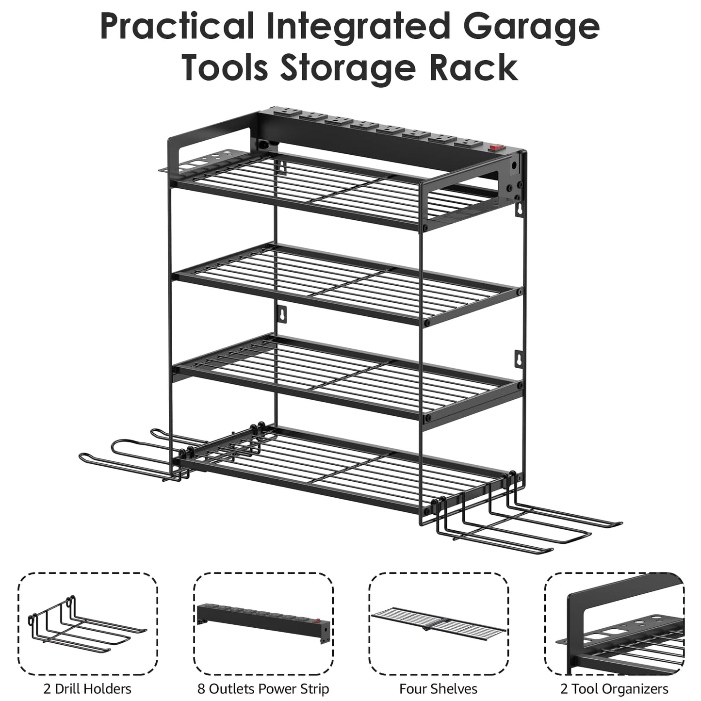 CCCEI Garage Tools Storage with Charging Station. Power Tool Battery Organizer Utility Shelf with Power Strip. 4 Drills Holder Wall Mount Rack, Black 4 Layer.
