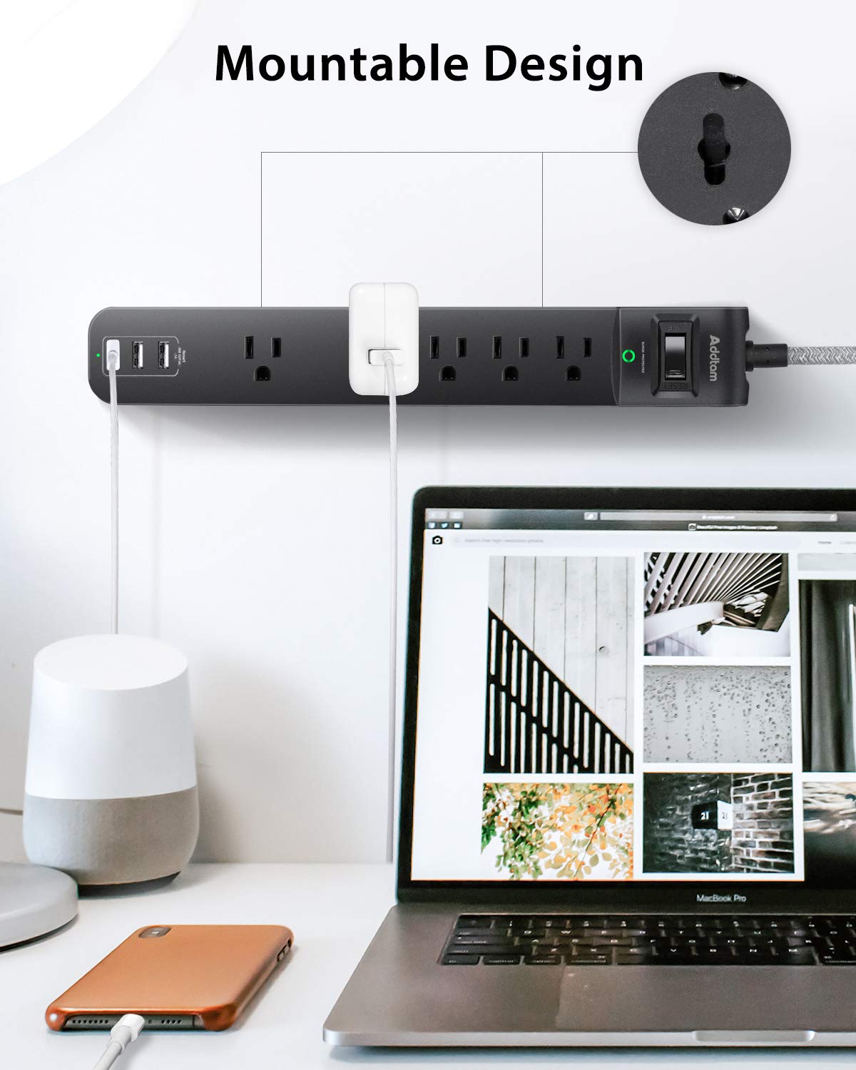 2 Pack Power Strip Surge Protector - 5 Widely Spaced Outlets 3 USB Charging Ports, 1875W/15A 6Ft Braided Extension Cord, Flat Plug Overload Protection, Wall Mount for Home Office Dorm Room Essentials