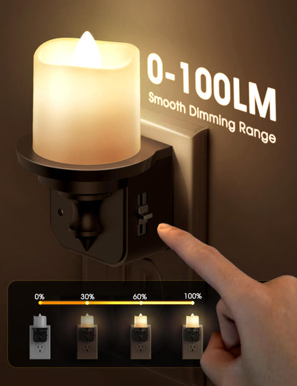 Flameless Candle Night Light, Night Lights Plug into Wall 2 Pack, LED Candle Night Light with Light Sensor, 0-100LM Dimmable Nightlight Plug in, 3000K Soft White Nightlight for Kids Hallway Bathroom
