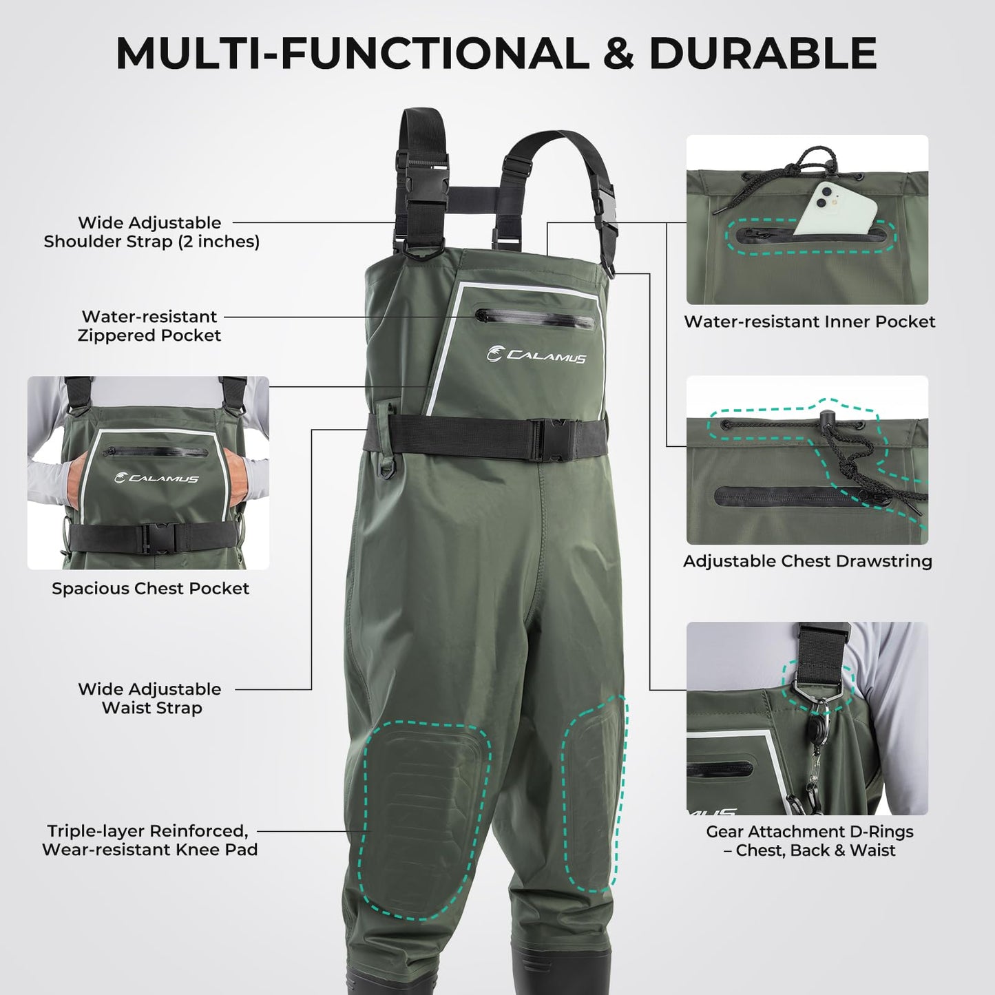 Calamus WaveWalker Fishing Waders for Men & Women, 100% Waterproof PVC Chest Waders with Slip-Resistant Boots, Tear-Resistant Nylon, Ample Storage, Wader Hanger, Military Green, M5/W7