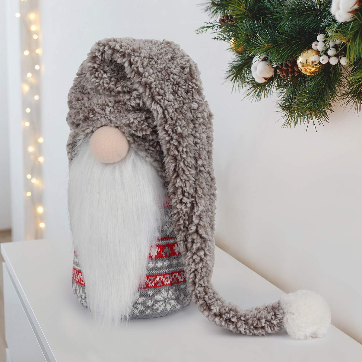 D-FantiX Christmas Gnome Plush 13 Inch Large Swedish Tomte Gnome Ornaments with Long Hat Holiday Scandinavian Christmas Decorations for Home (Grey, Nose Without Light)