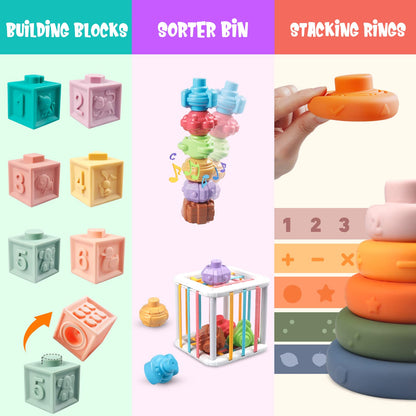6 in 1 Baby Toys 6 to 12 Months, Montessori Toy for Toddlers 1-3, Infant Teething Babies Toy Stacking Blocks Rings Pull String Toy Sorter Sensory Bin