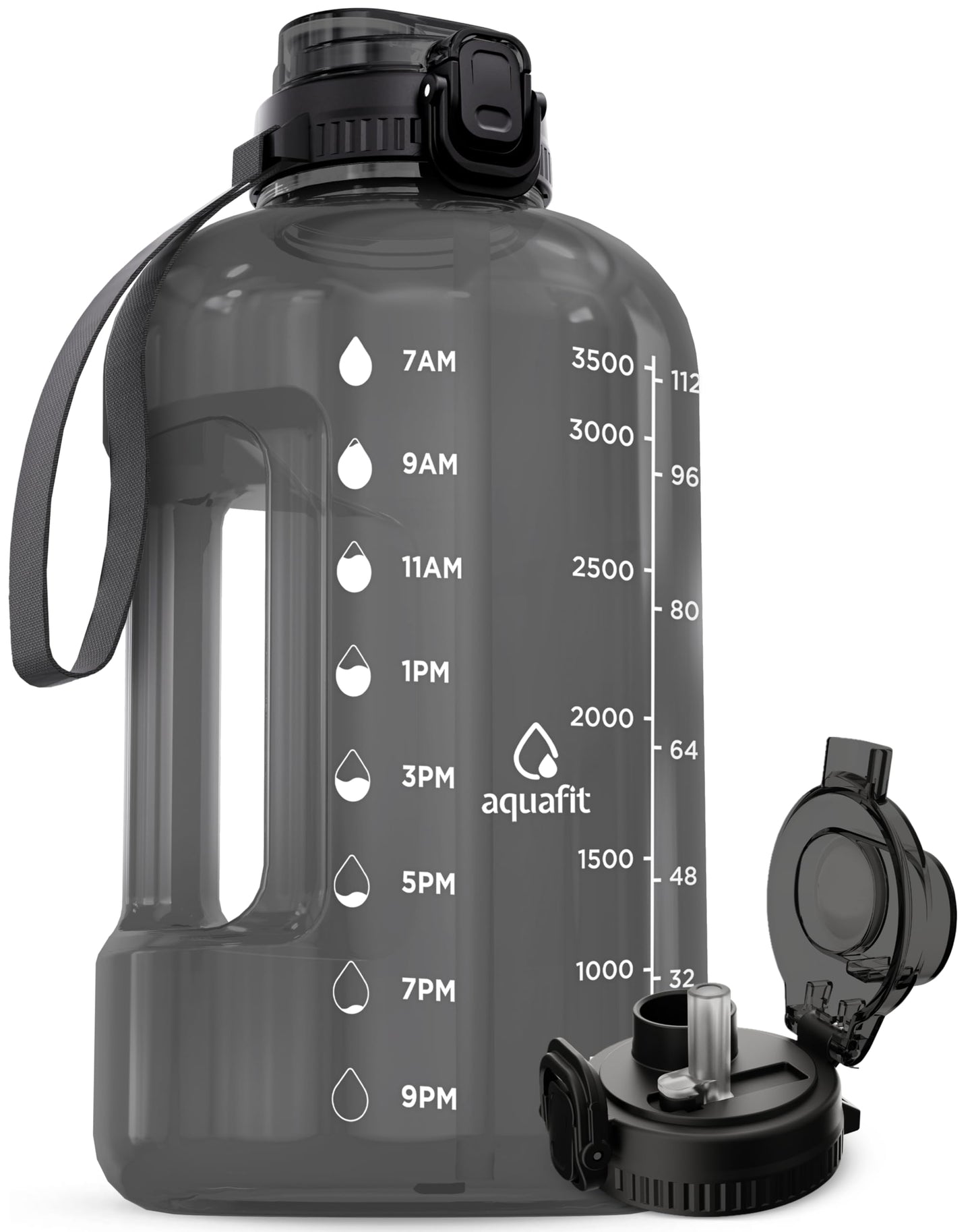 AQUAFIT 1 Gallon Water Jug with Time Marker - BPA Free 128 oz Gym Water Bottle with Straw, Handle, Gray