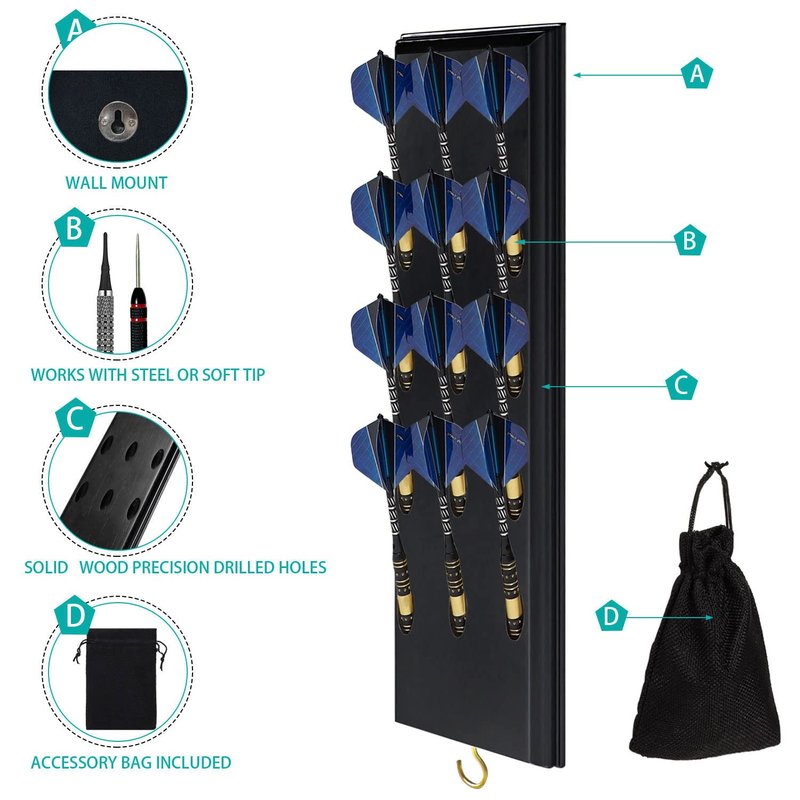 FDLS Wall Mounted Darts Holder, Displays 12 Steel/Soft Tip Darts with Bag