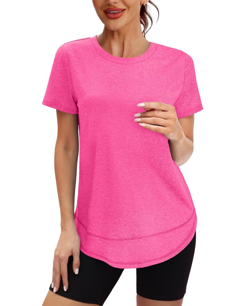 Summer Tops for Women 2026 Short Sleeve Workout Clothes Athletic Shirts Pilates Outfits Camisetas Deportivas para Mujer Hot Pink L