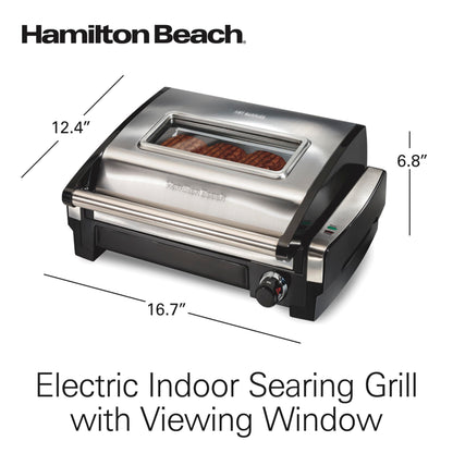 Hamilton Beach Electric Indoor Searing Grill with Viewing Window & Adjustable Temperature Control to 450F, 118 sq. in. Surface Serves 6, PFAS-Free Removable Nonstick Grate, Stainless Steel