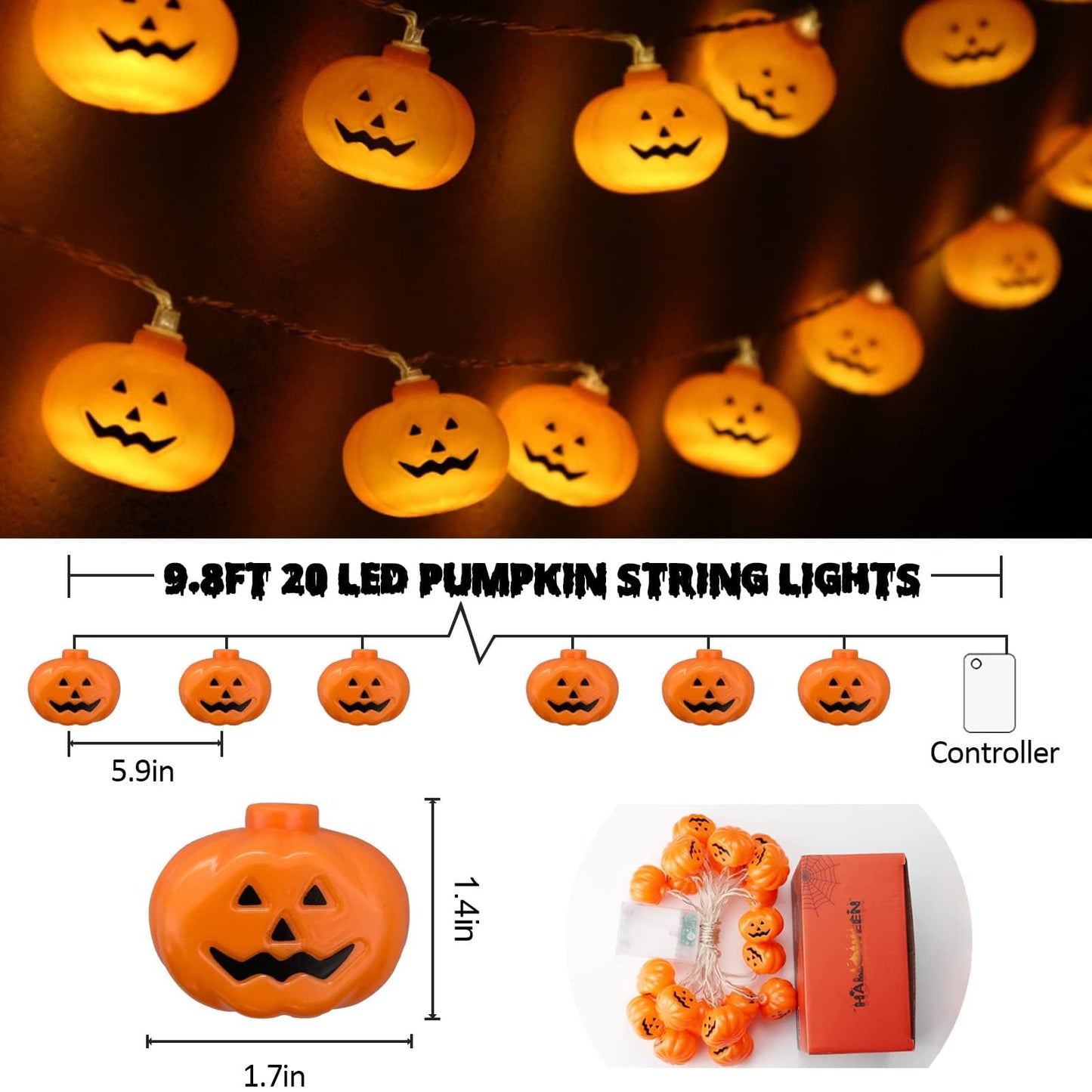 Runleo Halloween Decorations Pumpkin String Lights - 20 LED 10 FT 3D Cute Waterproof Orange Jack-O-Lantern Battery Operated Lights, 2 Modes Steady/Flickering Light for Indoor Outdoor Party Decor
