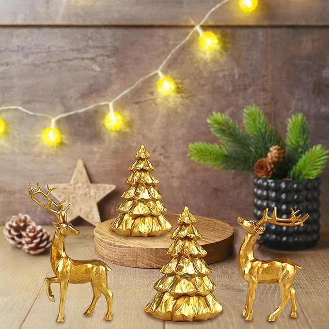 Christmas Reindeer Figurines 4 PCS Resin Tree Decorations Indoor Xmas Collectible Deer Statue Cute Holiday Ornament with 2pcs Tealights for Table Home