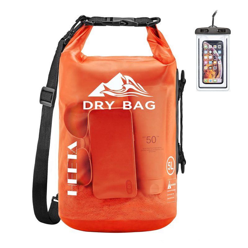 HEETA Dry Bag Waterproof for Women Men, Roll Top Lightweight Dry Storage Bag Backpack with Phone Case for Travel Swimming Boating Kayaking Paddle Board Camping Beach Accessories (Orange, 30L)