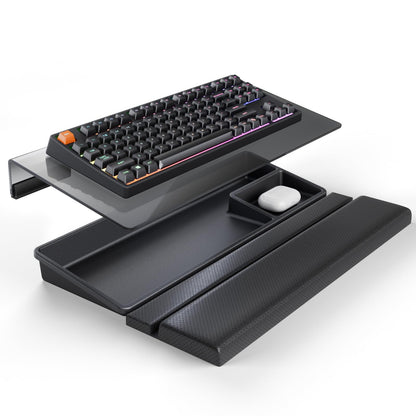 3 in 1 Keyboard Stand w/Wrist Rest and Storage Tray - Klearlook [Ultra Comfortable] PU Leather Wrist Pad & Acrylic Keyboard Riser, 16.9x7.3 inch Tilt Adjustable Computer Keyboard Stand Holder-Black