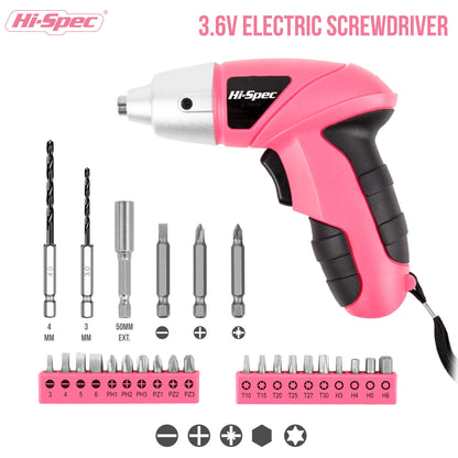 Hi-Spec 27 Pc Electric Screwdriver Pink 3.6V with 23 Drill Bits Set, Rechargeable Battery, LED Light & Cordless Screwdriver – Ideal for Home, Office, DIY Projects & Women