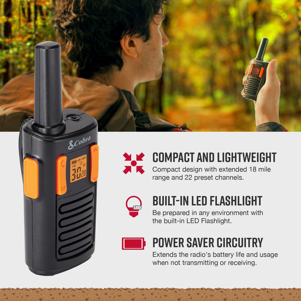 Cobra RX680 Walkie Talkies (2-Pack) - Rugged & Splashproof Two Way Radios Long Range, IP54 Water Resistant Design, 60 Pre-Programmed Channels, Weather Alerts, Included Charging Dock (Black/Orange)