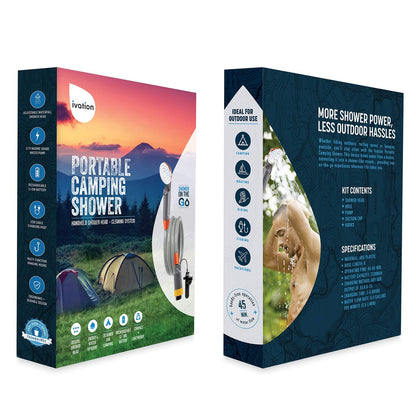Ivation Portable Camping Shower | Compact Handheld & Hands-Free Rechargeable Outdoor Shower Head & Cleaning System w/ 3.7V Pump, 6-Ft Hose, Bidet Head, Removable Filter, Multiuse Hook & USB Cable