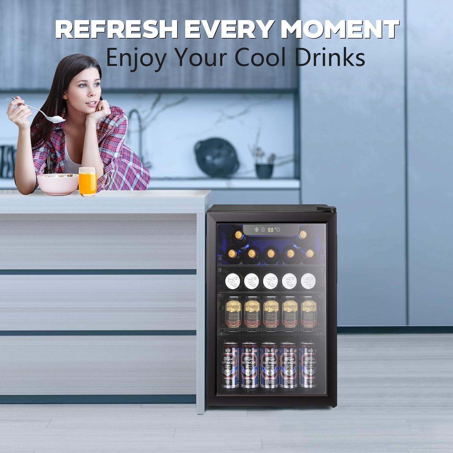 2.6 Cu.ft Beverage Refrigerator Cooler, 95 Can Mini Fridge Glass Door with Adjustable Shelves, Digital Temperature Display, Freestanding Small Drink Fridge for Home, Office or Bar(Black)