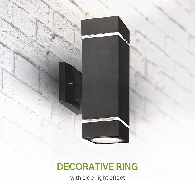 ASD 2 Light Square Outdoor Wall Light Fixture | 120W E26 Bulb Socket 120V ETL Cylinder Up Down Lights | LED/CFL/Incandescent Bulb Exterior Wall Sconce | Front Door, Porch Patio | Ringed Black
