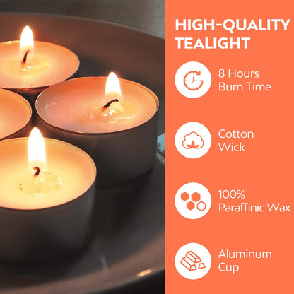 Ledivion Tea Lights Candles 8 Hour Long Burn Time White Unscented 100 Pack