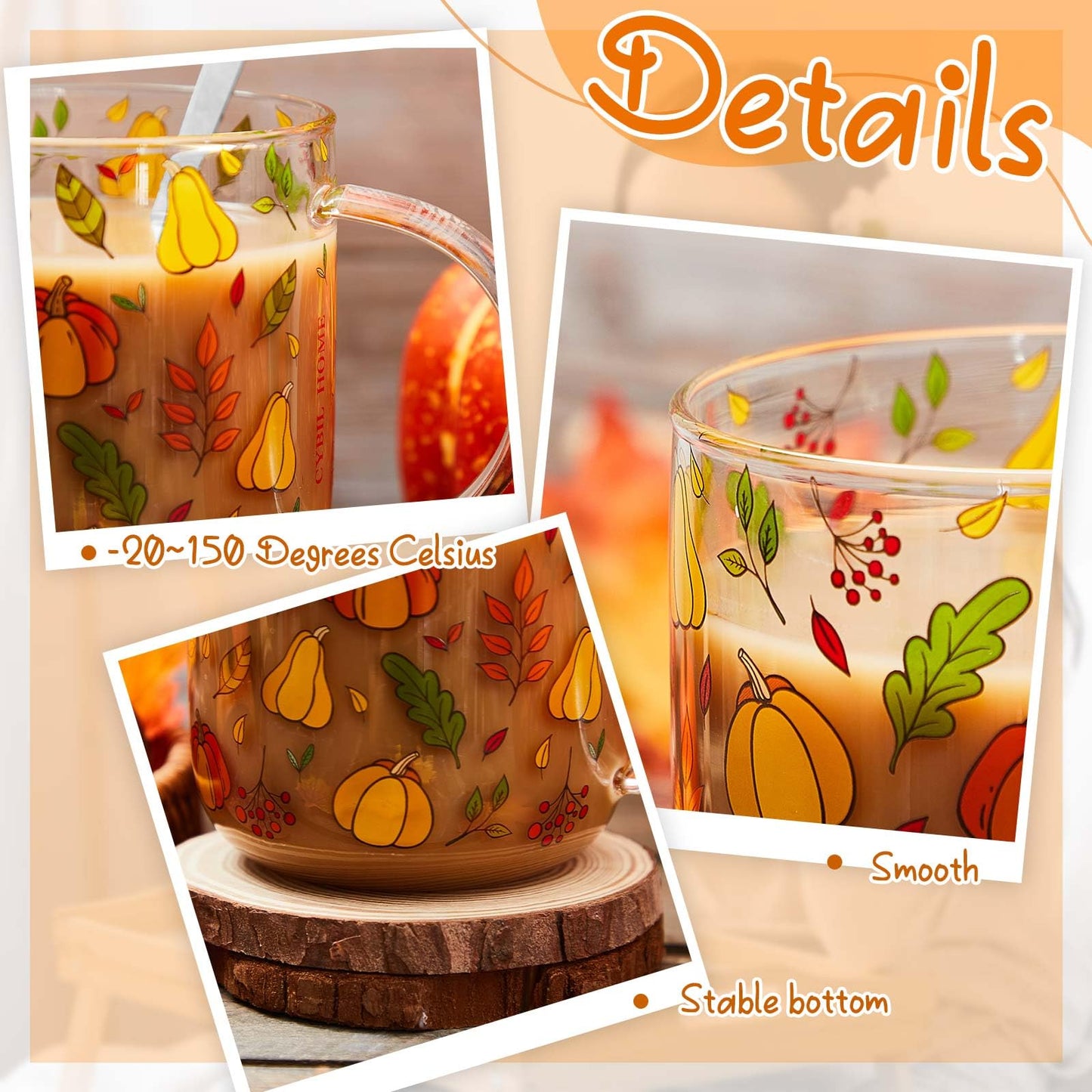 CHENGU Pumpkin Mug with Handle, 15 oz Clear Pumpkin Glass Cup Gift Fall Cup with Stainless Steel Spoon for Coffee Tea Milk Stuff Decor for Christmas Thanksgiving