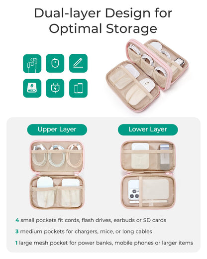 BAGSMART Electronics Organizer Travel Case, Cord Storage for Chargers Cables Phones, Compact Tech Accessories Pouch, Pink