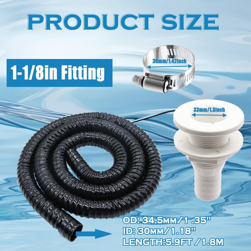 maierke 1-1/8 Boat Bilge Pump Hose Kit,1-1/8 Dia 6 FT Kink-free PVC Hose,1-1/8 Inch ABS Thru-Hull Fitting,2PCS Stainless Steel Hose Clamps for Boat Marine