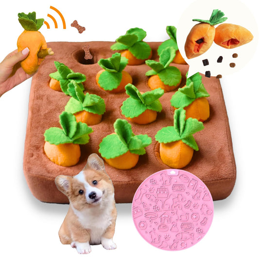CECE PAW Dog Enrichment Puzzle, Interactive Squeaky Carrot Farm Snuffle Mat for Mental Stimulation and Puppy Brain Training, Small, Medium and Large Dogs (Upgraded Carrots with Treat Pockets)