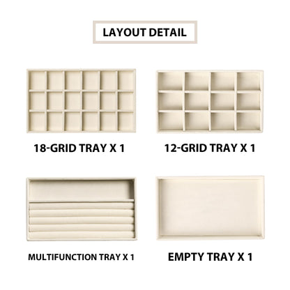 Frebeauty Jewellery Organiser Tray,Stackable Velvet Jewellery Trays,Drawer Inserts Earring Organiser For Women Girls Jewellery Storage Display Case for Rings Stud Necklaces,Set of 4(Beige)