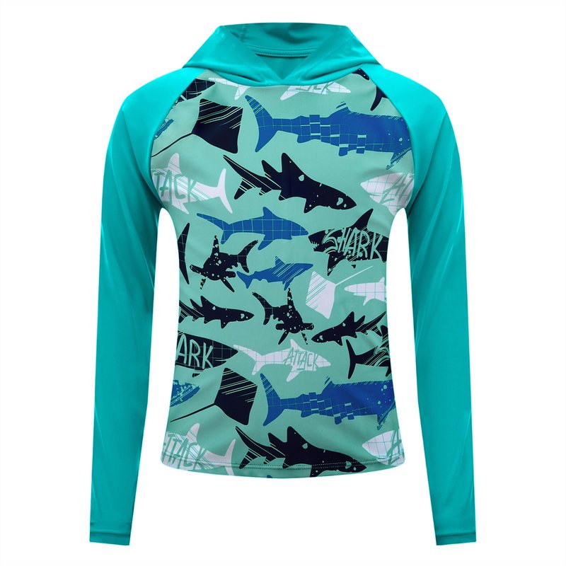 Boys Rash Guard Swim Shirts Toddler Kids Long Sleeve Hoodie UPF 50+ Sun Protection Swim Top Fishing Shirt with Thumb Hole Lake Blue Shark 3-4T