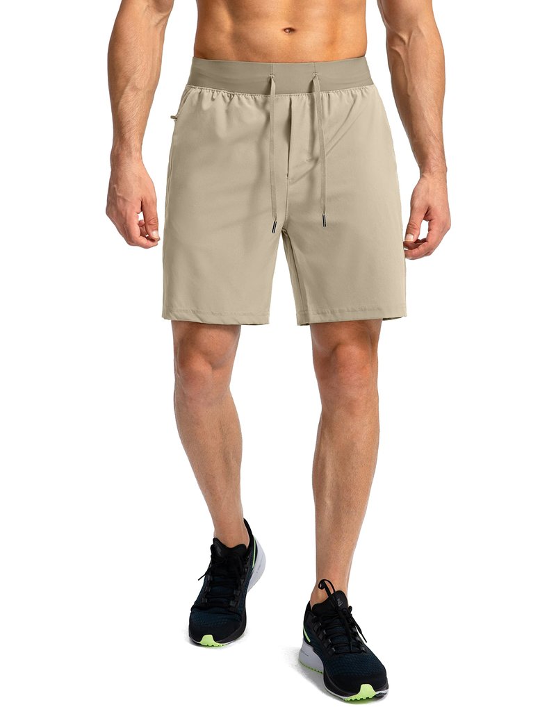 Soothfeel Men's Running Shorts with Zipper Pockets 7 Inch Lightweight Quick Dry Gym Athletic Workout Shorts for Men (Khaki, 3XL)